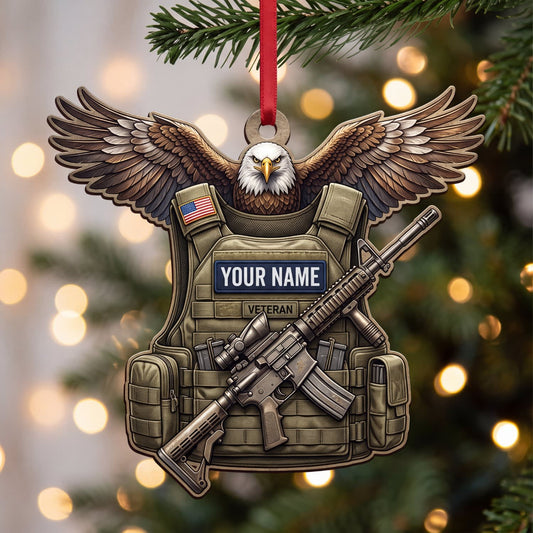 Maxcorners Veteran American Eagle Tactical Vest And Rifle Personalized Name 3D Keychain And Ornament