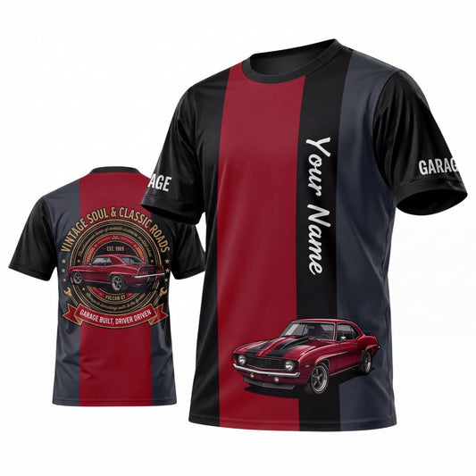 Maxcorners Personalized Car Classic Muscle Car 3D T-Shirt – Black Burgundy Racing Stripes and Red Classic Car