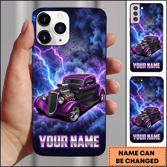 Maxcorners Hot Rod Purple Classic Car with Electric Lightning and Neon Glow Personalized Name 3D Phone Case