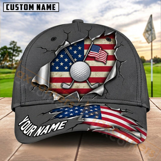 Maxcorners Golf USA Cracked Flag Ball Personalized Name 3D Cap