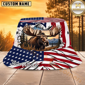 Maxcorners Moose Hunting Patriotic American Flag Personalized Name 3D Bucket Hat