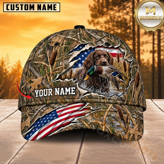Maxcorners Dog Hunting And Duck Woodland Camo Torn American Flag Personalized Name 3D Cap