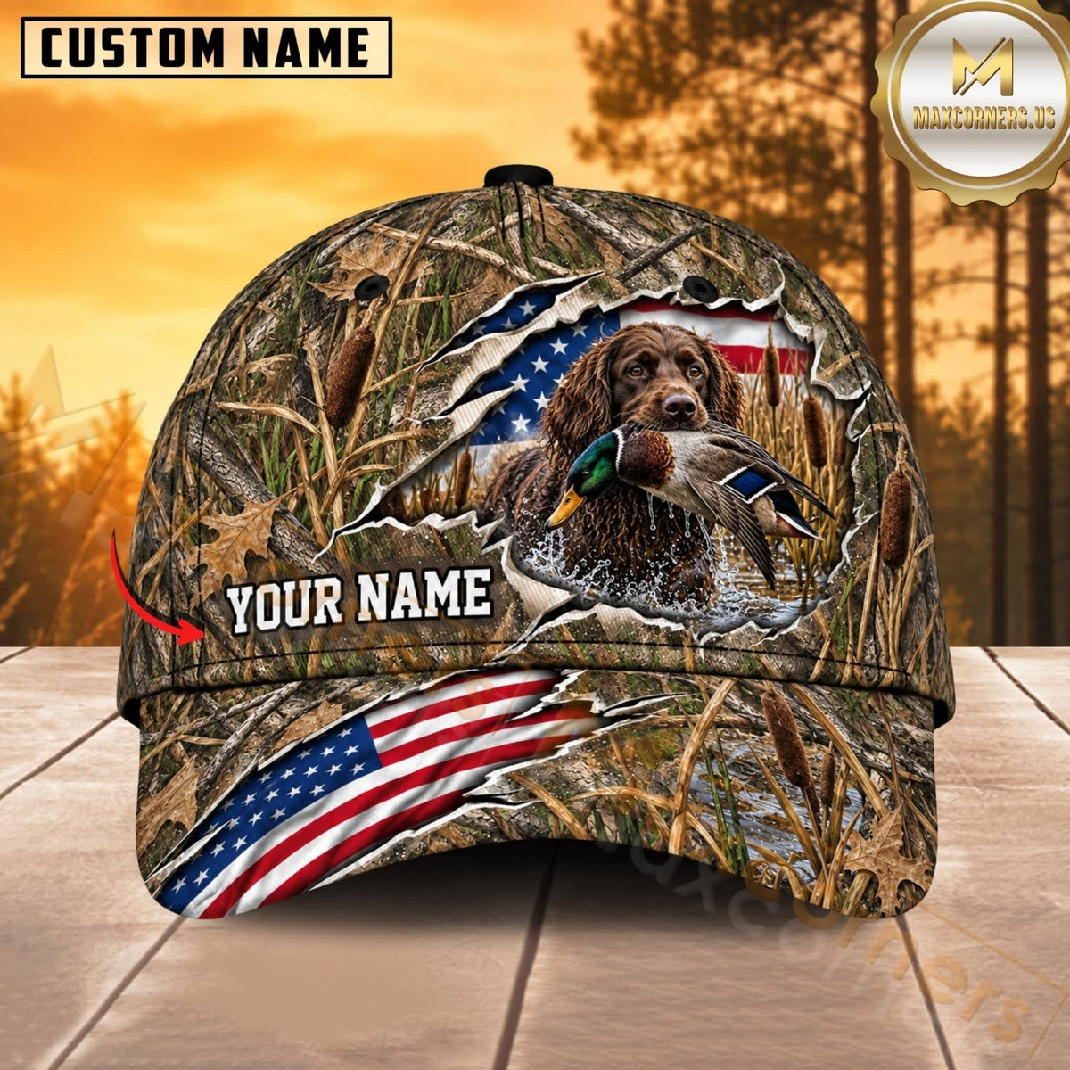 Maxcorners Dog Hunting And Duck Woodland Camo Torn American Flag Personalized Name 3D Cap