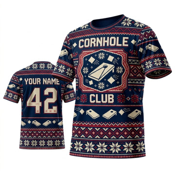 Maxcorners Cornhole Club Christmas Ugly Sweater Personalized Name 3D Unisex Shirt