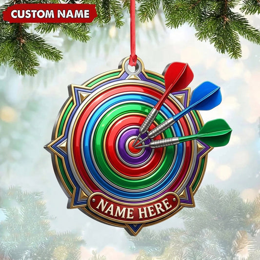 Maxcorners Darts Lover Colorful Concentric Target Rings, Triple Darts, Curved Banner Personalized Name Ornament 2D Flat