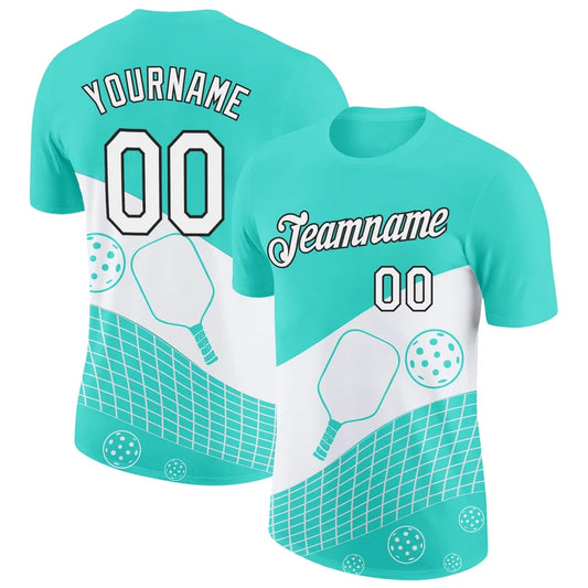 Maxcorners Pickleball Paddle Ball Net Court Mint Teal Diagonal Wave Personalized Name 3D Unisex Shirt