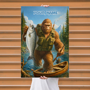 Maxcorners Striped Bass Fishing Bigfoot Forest Angler Style Personalized Name 3D Poster