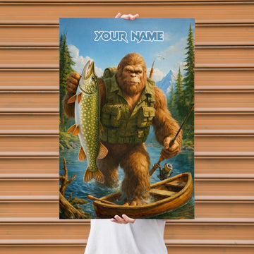 Maxcorners Northern Pike Fishing Bigfoot Wild River Hunter Style Personalized Name 3D Poster