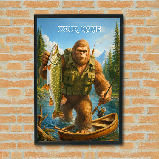 Maxcorners Northern Pike Fishing Bigfoot Wild River Hunter Style Personalized Name 3D Poster