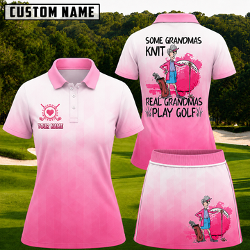 Maxcorners Pink Gradient Real Grandmas Play Golf Personalized Name 3D Golf Shirt and Skirt
