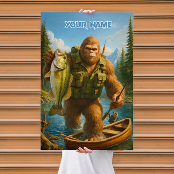 Maxcorners Largemouth Bass Fishing Bigfoot Wilderness Catch Style Personalized Name 3D Poster