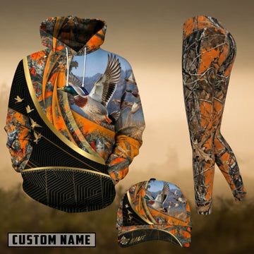 Maxcorners Hunting Duck Hunting Flying Mallard Orange Camo Personalized 3D Combo Hoodie, Legging Set & Cap