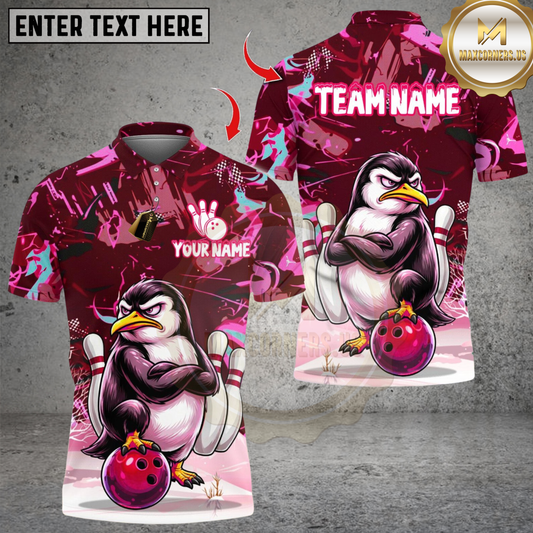 Maxcorners Penguin Bowling Multicolor Customized Name, Team Name 3D Shirts