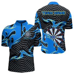 Maxcorners Custom Black And Blue Tribal Flame Dart Shirts For Men, Darts Team Jerseys Polo & Quarter Zip LM0705