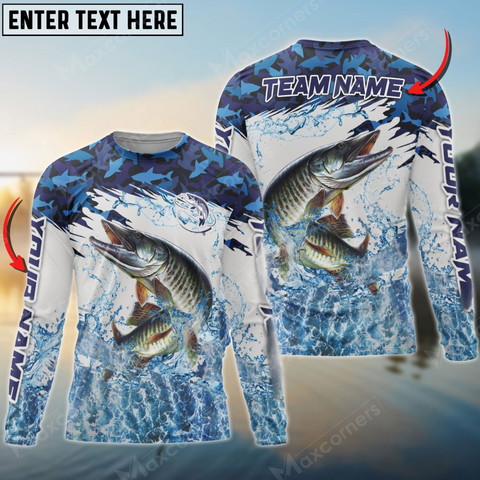 Maxcorners Musky Fishing Blue Clear Camo Sport Personalized Name, Team Name 3D Long Sleeve Shirt