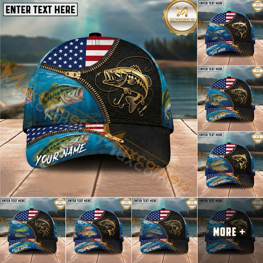 Maxcorners Fishing American Flag Leather Zipper Personalized Name 3D Cap (12 Fish Species)