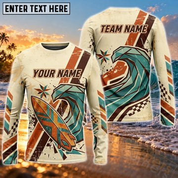 Maxcorners Surfboard Tropical Ocean Adventure Art Customized Name, Team Name 3D Long Sleeve Shirt