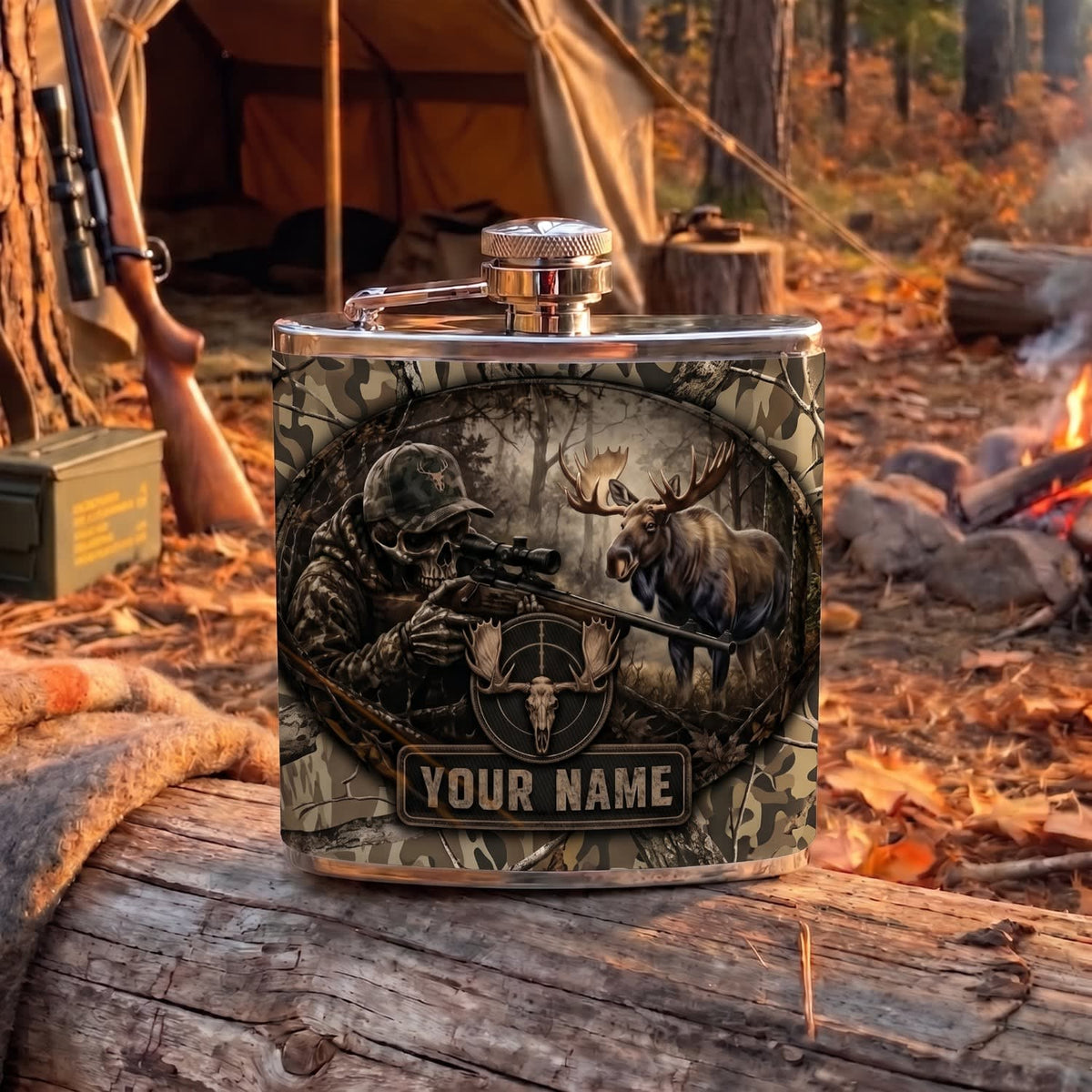 Maxcorners Hunting Deer Hunter Rustic Woodland Scene Personalized Name 3D Hip Flask