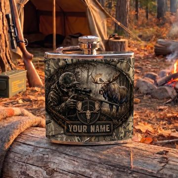 Maxcorners Hunting Deer Hunter Rustic Woodland Scene Personalized Name 3D Hip Flask