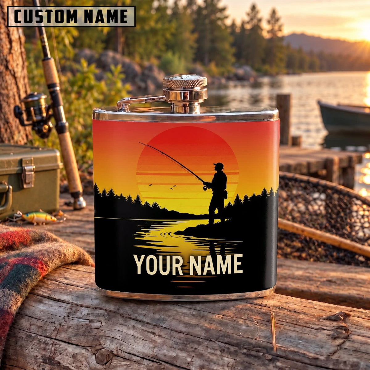Maxcorners Fishing Sunset Angler Silhouette Personalized Name 3D Hip Flask
