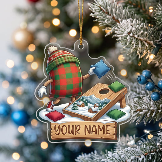 Maxcorners Cornhole Plaid Bag Winter Board Design Customized Name 3D Keychain And Ornament