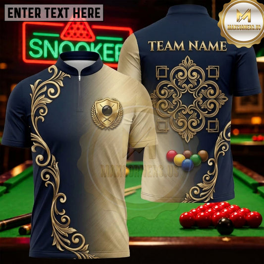 Maxcorners Snooker Navy Champagne Gold Ornamental Scroll Personalized Name 3D Unisex Shirt