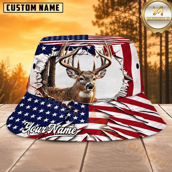 Maxcorners Deer Hunting White Patriotic Antler Personalized Name 3D Bucket Hat