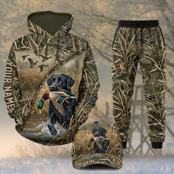 Maxcorners Duck Hunting Black Labrador Flying Ducks Reed Camo Personalized 3D Shirts