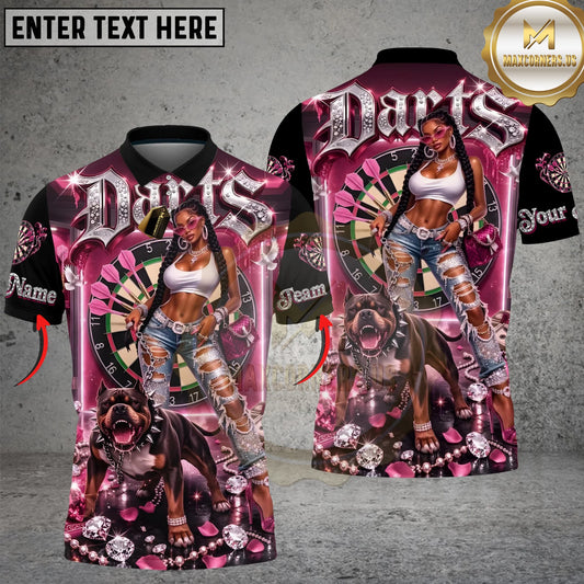Maxcorners Darts Hip Hop Girl & Pitbull Dog Diamond Multicolor Customized Name, Team Name 3D Shirt For Women