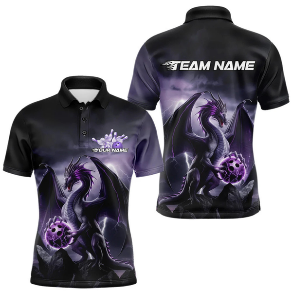 Maxcorners Custom Black And Purple Thunder Lightning Dragon Bowling Men Polo Shirts, Team Outfit LM1605