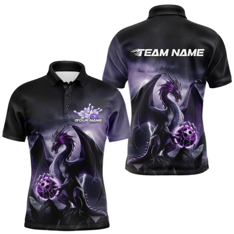 Maxcorners Custom Black And Purple Thunder Lightning Dragon Bowling Men Polo Shirts, Team Outfit LM1605