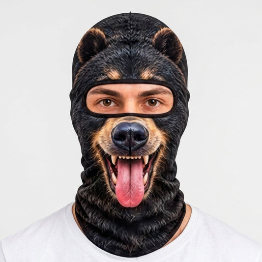 Maxcorners Black Bear Face Tongue Out Fangs Furry Wildlife Winter Personalized 3D Balaclava Face Mask
