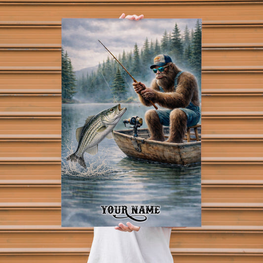 Maxcorners Striped Bass Fishing Bigfoot Quiet Waters Style Personalized Name 3D Poster