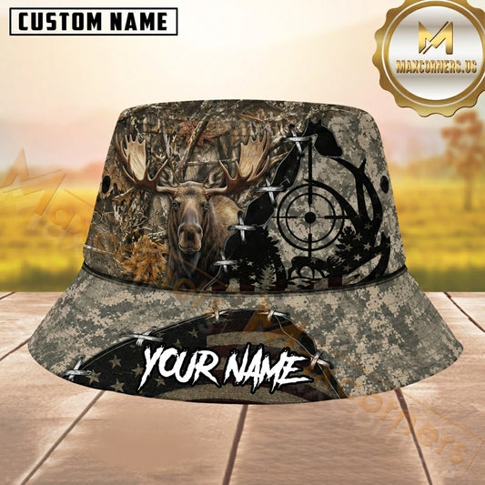 Maxcorners Moose Hunting Digital Camo Laced American Flag Personalized Name 3D Bucket Hat