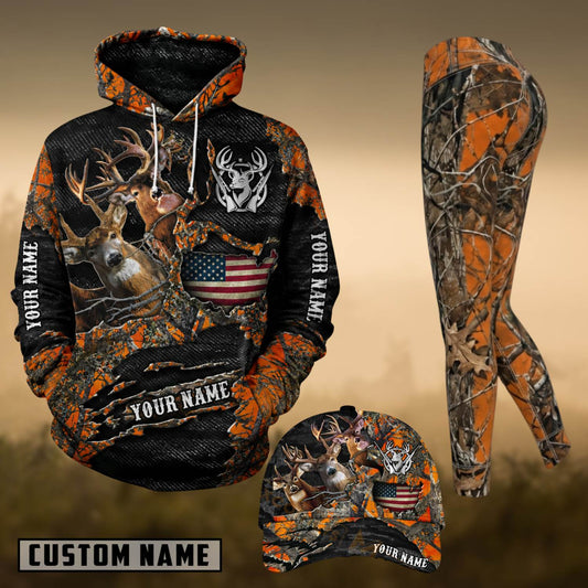 Maxcorners Hunting Whitetail Deer American Flag Orange Camo Personalized 3D Combo Hoodie, Legging Set & Cap
