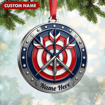 Maxcorners Darts Lover Patriotic Metallic Shield, Crossed Darts, Curved Banner Personalized Name Ornament 2D Flat