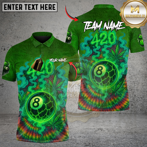 Maxcorners 420 Billiards Custom Polo – Green Tie Dye Smokin’ 8 Ball Pool Shirtf