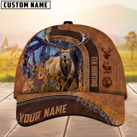 Maxcorners Elk Hunting Leather Pattern Multicolor Personalized Name 3D Cap