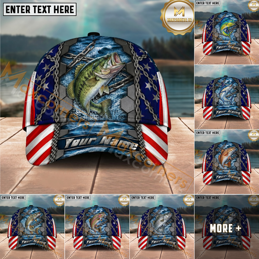 Maxcorners Fishing American Flag Metal Chain Personalized Name 3D Cap (12 Fish Species)