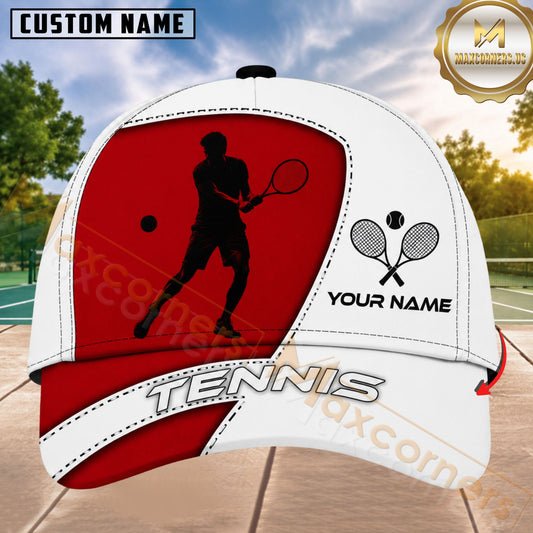 Maxcorners Tennis Player Silhouette Crossed Rackets Red White Honeycomb 3D Design Personalized Name 3D Cap