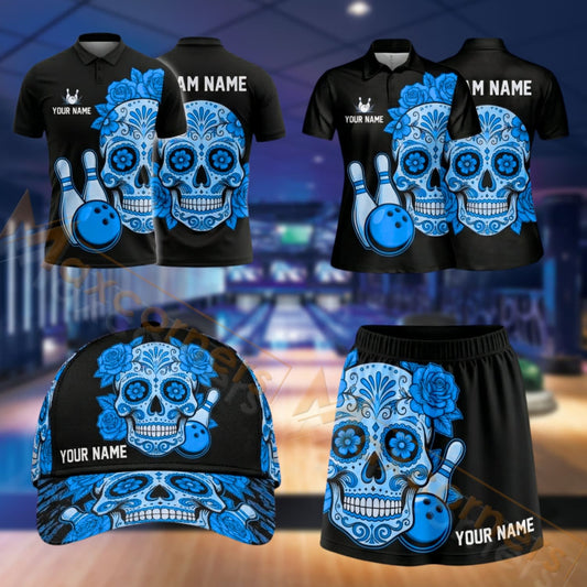 Maxcorners Bowling Sugar Skull And Bowling Ball Design Personalized Team Sportswear Set - Polo Shirt, Cap & Skorts