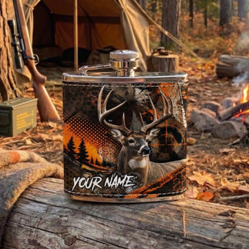 Maxcorners Hunting Whitetail Deer Orange Woodland Camouflage Design Personalized Name 3D Hip Flask