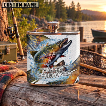 Maxcorners Fishing Trout Water Splash Graphic Personalized Name 3D Hip Flask