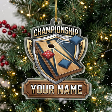 Maxcorners Cornhole Championship Shield Crossed Boards Customized Name 3D Keychain And Ornament