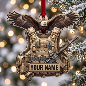 Maxcorners Veteran Eagle Wings Desert Camo Vest And Rifle Personalized Name 3D Keychain And Ornament