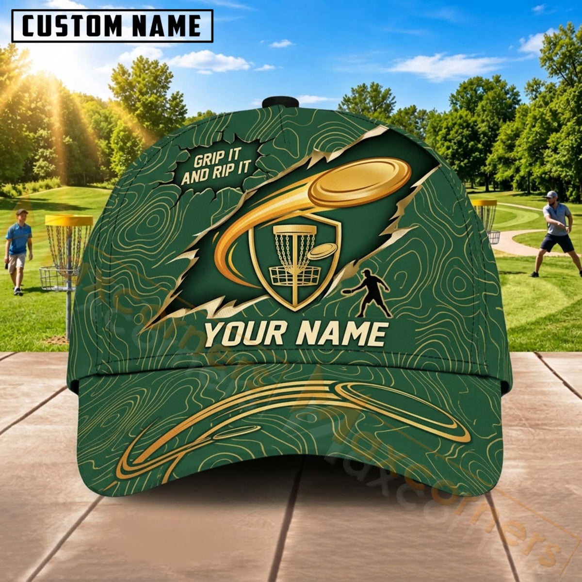 Maxcorners Disc Golf Green Gold Flying Disc Personalized Name 3D Cap