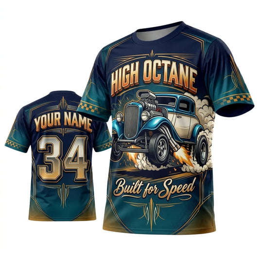 Maxcorners Personalized Car Classic Muscle Car 3D T-Shirt – High Octane Navy Teal Vintage Speed Shop