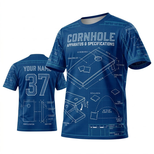 Maxcorners Cornhole Vintage Blue Blueprint Pattern Personalized Name 3D Unisex Shirt