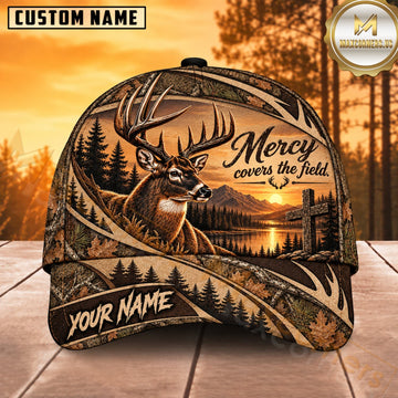 Maxcorners Deer Hunting Whitetail Buck Mercy Across the Field Tan Sunset Camo Customized Name 3D Cap