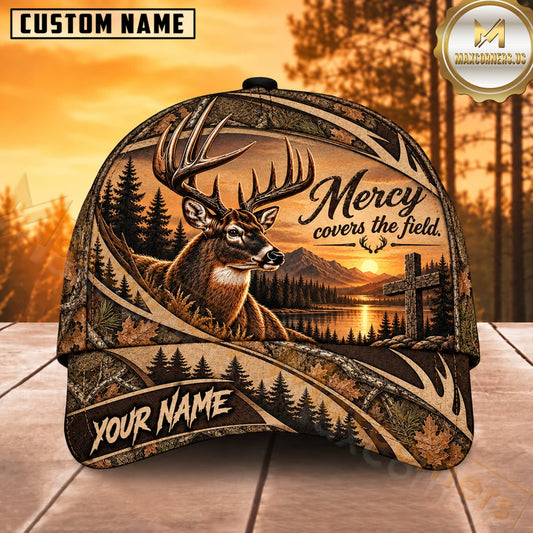 Maxcorners Deer Hunting Whitetail Buck Mercy Across the Field Tan Sunset Camo Customized Name 3D Cap